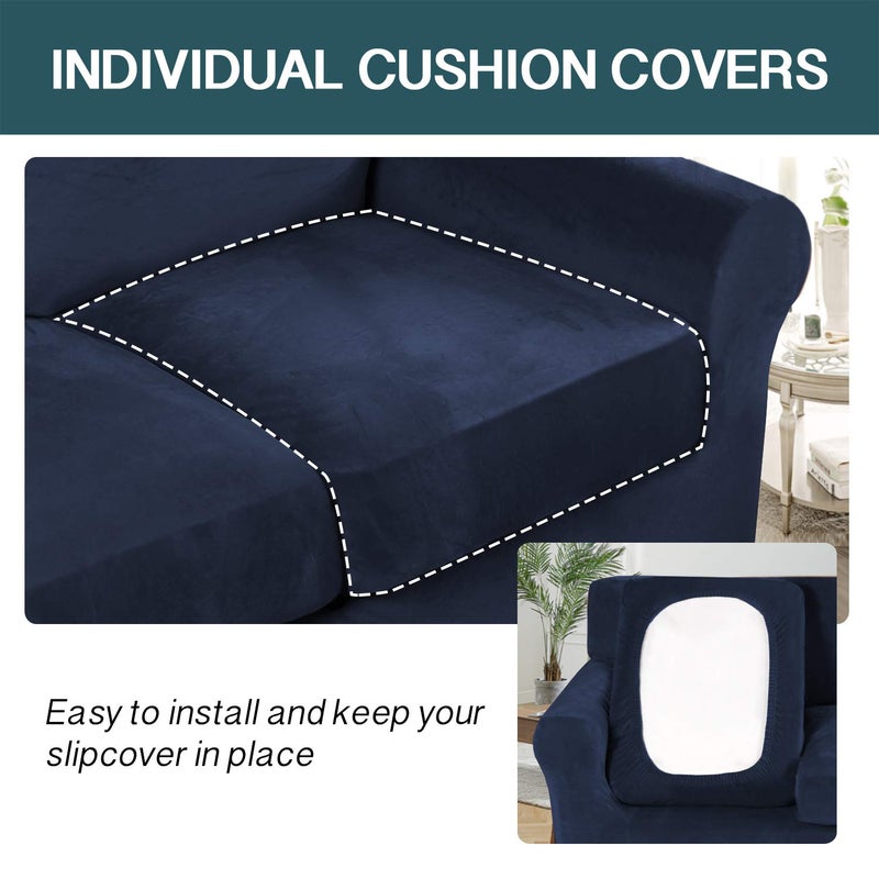 FantasDecor 4 Piece Sofa Velvet Couch Covers for 3 Cushion Stretch Slipcover with Individual Seat Cushion Elastic Furniture Protector for Pets, Machine Washable (Sofa, Navy) - Image 4